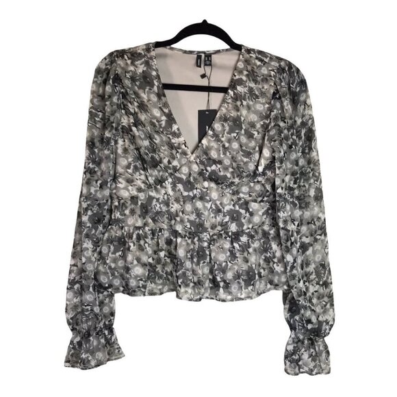 Vero Moda Black Gray Long Sleeve Floral Peplum Top Size Medium NWT - Picture 2 of 7